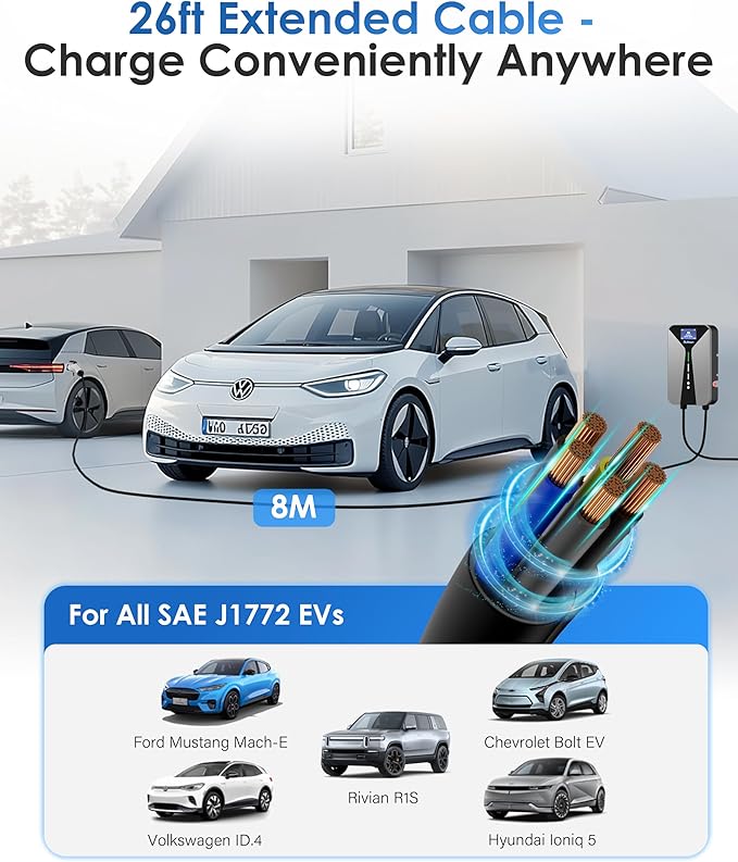 Level 2 EV Charger 48 Amp- 11.5kW 240V Hardwired Wall Charger for Home with 4.3" LCD, 26ft Cable, Scheduled Charging & Wall Holder, SAE J1772 Connector