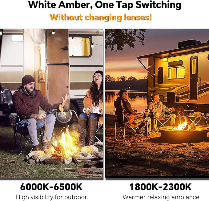 RV LED Porch Light w/Switchable White Amber Light Color, 12V Exterior Utility Porch Light for Travel Trailer Camper Motorhome 5th Wheels, Integrated Switch & Waterproof (2 Pcs)