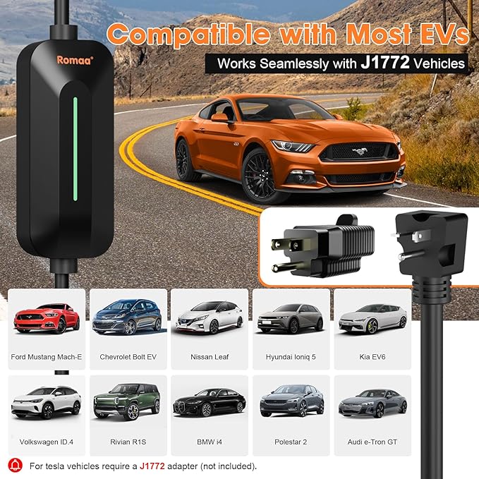 Level 1 and Level 2 Portable EV Charger J1772 16A - Dual Voltage 120V 240V Home Charging Station, 3.8 kW, Adjustable 8 to 16A, FCC Part 15, NEMA Type 3R, 25 ft, PHEV Ready