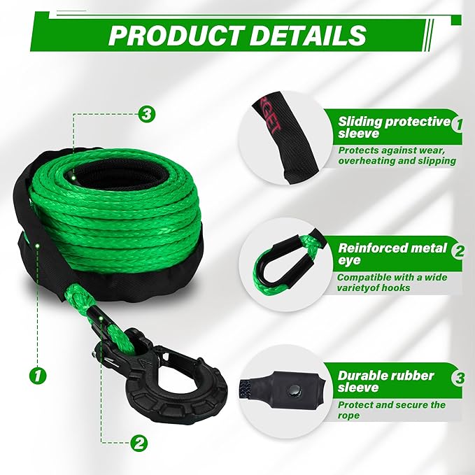 TYT Synthetic Winch Rope 3/8" X 92' with Hook, 27000LBS Synthentic Winch Cable Kit with Protective Sleeve for 4WD Off Road Vehicle Truck SUV Jeep (Green)