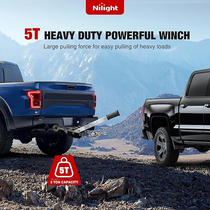 Nilight Come Along Winch 5 Ton /10,000 Lbs Heavy Duty Come Along Cable Puller Hand Winch Tool with 10 Ft Rope Double Gear 3 Hook for Lifting Pulling Road Vehicle Recovery Automotive Hoist Winch Puller