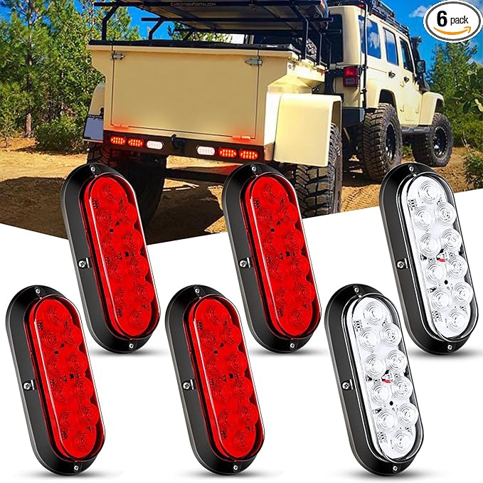 Nilight 6 Inch Oval Red White LED Trailer Tail Light 6PCS Waterproof Stop Brake Turn Reverse Back Up Surface Mount Trailers Lights for Truck RV Boat Bus Lorry Van Caravan