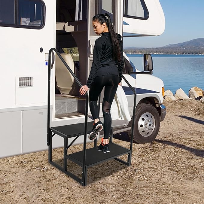 RV Steps w/Dual Handrails, 2 Step Spa Hot Tub Steps with Anti-Slip Pedals, 400lbs Load Capacity, Universal Portable Mobile Home Stairs Steps for 5th Wheel RV, Spa, Porch, Pool, Travel Trailers