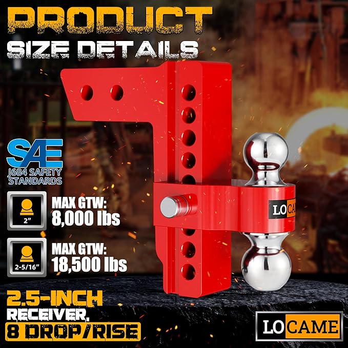 LOCAME Adjustable Trailer Hitch, Fits 2.5-Inch Receiver Only, 8-Inch Drop/Rise Aluminum Drop Hitch,18,500 LBS GTW-Tow Hitch for Heavy Duty Truck with Double Stainless Steel Locks, Red, LC0015