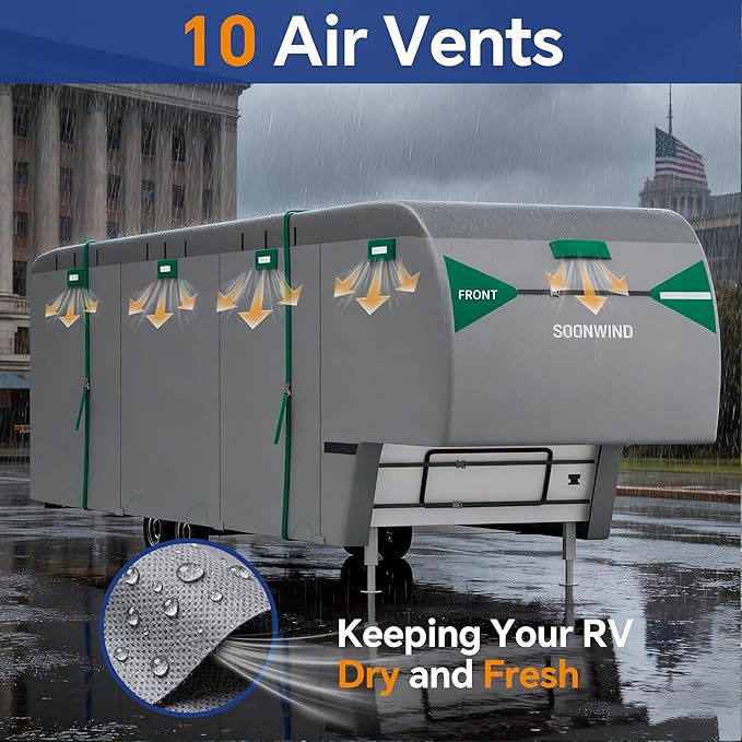 Heavy Duty 7 Layers 5th Wheel RV Cover, Camper Cover & Travel Trailer Cover 37-40ft, Waterproof Windproof All-Weather Protection with Gutter & Tongue Jack Covers Reinforced Straps - Green