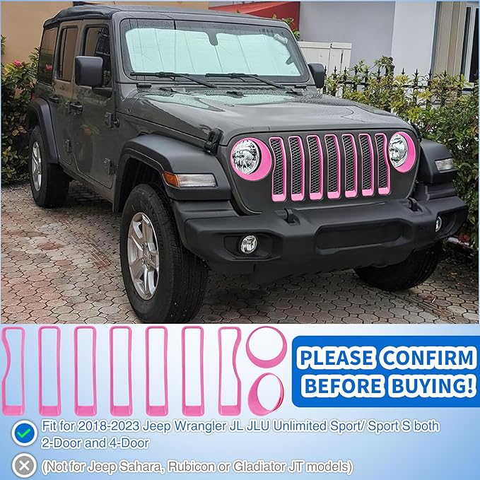 Nilight Grill Inserts fit for Jeep Wrangler Front Grille Inserts Headlight Cover Set for JL JLU Unlimited Sport SportS 2018 2019 2020 2021 2022 2023 Grille Bezels Trim Exterior Accessories Pink 9 Pcs