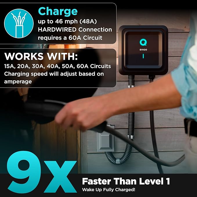 EVIQO Level 2 EV Charger NACS for Tesla – Hardwired, 240V, 25ft Cable EVSE –WiFi, App, UL Certified, 48 Amp EV Charger Level 2 for Home Indoor/Outdoor - Wall Electric Vehicle Charging Stations - Gen 2