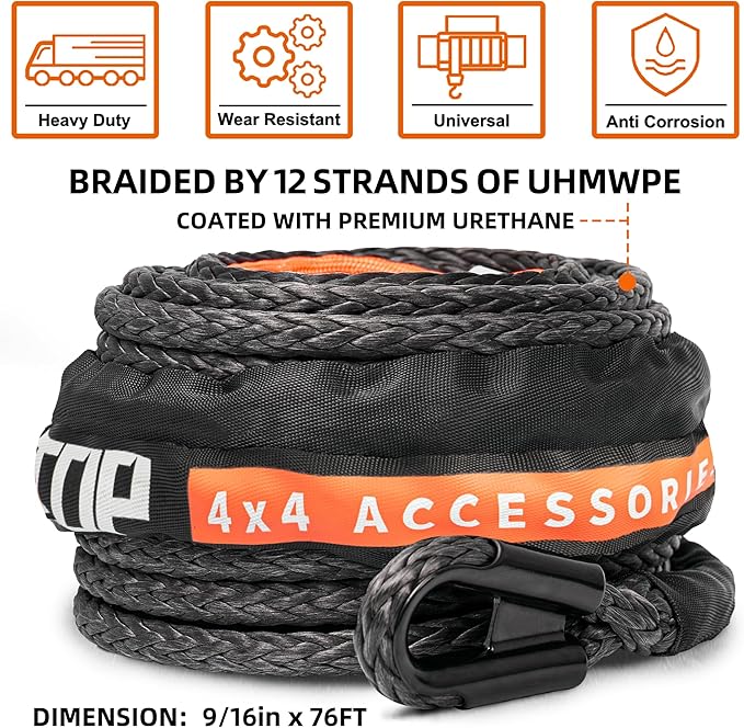ALL-TOP Synthetic Winch Rope Cable, 9/16" x76ft,35000LBS Winch Replace Line with Protective Sleeve for Offroad Vehicle SUV Truck