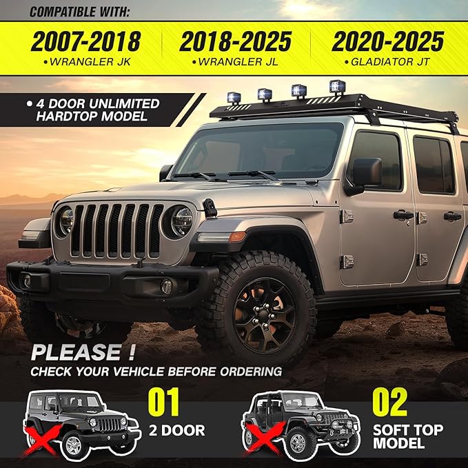 Roof Rack Cargo Basket with 4 PCS LED Light Bar Compatible for 2007-2025 Jeep Wrangler JK JL Unlimited & Gladiator JT 4 Door Hardtop, JKU JLU Luggage Rooftop Storage Carrier (Since 1941)