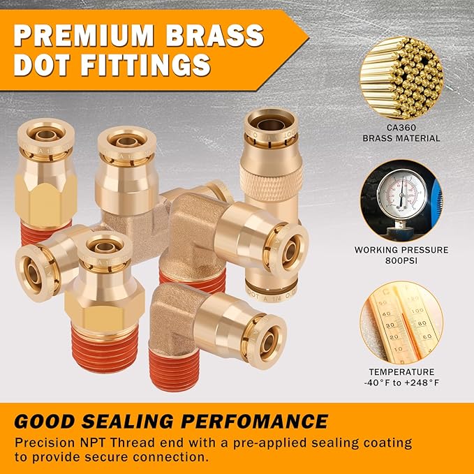 14 Pcs 1/4" Brass DOT Air Line Fittings Kit 1/8" 1/4" DOT Push Lock Air Fittings NPT Thread & Quick Connect Air Hose Fittings Kit
