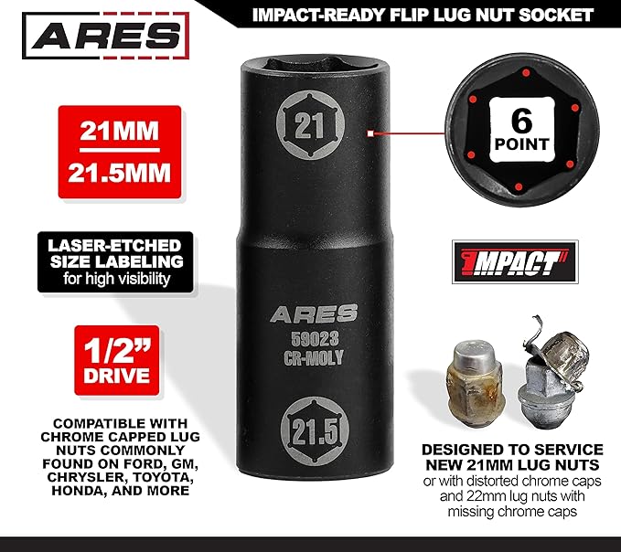 ARES 59023-1/2-inch Drive 21 x 21.5mm Half Size Lug Nut Flip Socket - Impact Grade Chrome-Moly Steel – Remove Warped, Damaged, and Bloated Chrome Capped Lug Nuts