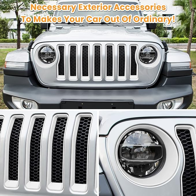 Front Grille Mesh Inserts & Headlight Cover for Jeep Wrangler JL JLU Unlimited Sport/Sports 2018-2023 Exterior Accessories Clip-in Grille Guard Cover Headlight Bezels Trim Ring (White 9PCS)