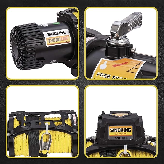 SINOKING 12V Electric Winch 12000 lb. Waterproof Synthetic Rope Offroad Winch with Wireless Remote Control for 4WD Vehicle