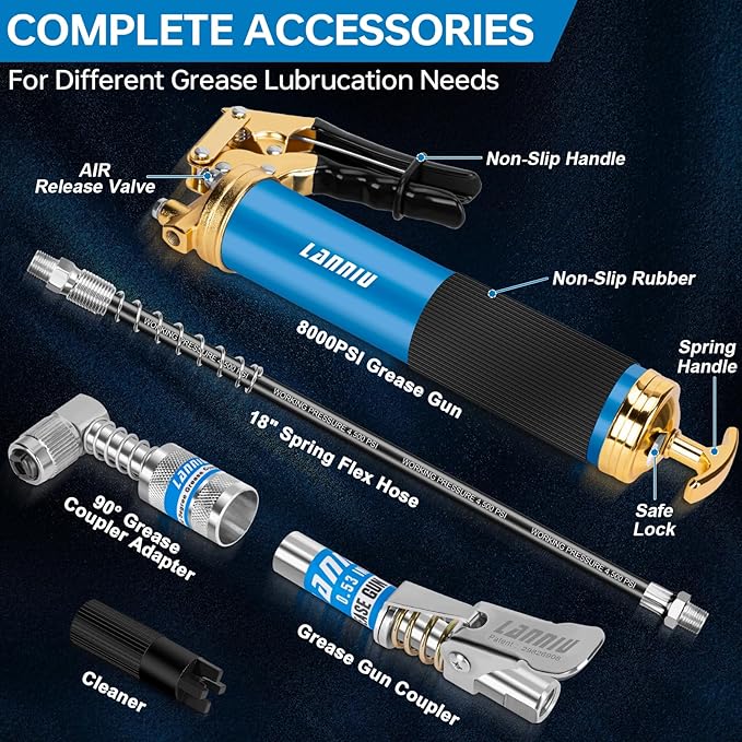 Grease Gun Kit, 8000 PSI Heavy Duty Pistol Grip Grease Gun with 14 OZ Capacity, Includes 0.53" Grease Coupler & 90° Grease Adaptor, Grease Guns for Automotive, Agricultral, Industrial, Marine