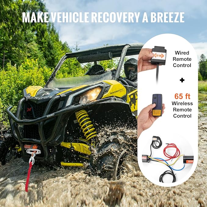 VEVOR ATV Winch, 4500 lb Electric Winch with Synthetic Rope, 12V DC ATV UTV Winch 1/4 in x 39 ft Aluminum Fairlead Wired Remote Control, IP55 Waterproof for Towing Boat Off Road Recovery