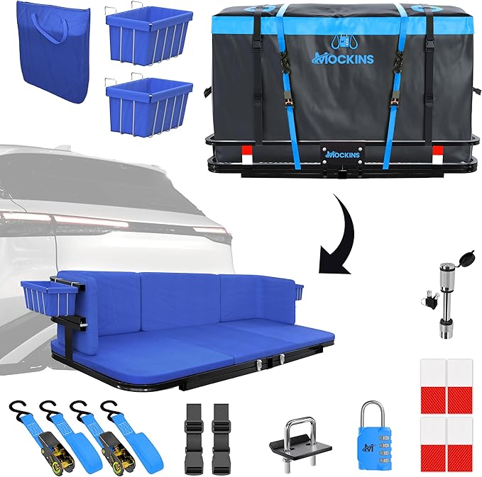 Mockins 2-in-1 Trailer Hitch Cargo Carrier Bench 48"x18"x6" w/ 15 CuFt Vehicle Soft Shell Carriers Bag | 500 Lbs. Capacity Folding Cargo Hitch Carrier Tailgate Seating Set w/Stabilizer, Straps & Lock
