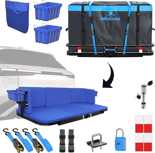 Mockins 2-in-1 Trailer Hitch Cargo Carrier Bench 48"x18"x6" w/ 15 CuFt Vehicle Soft Shell Carriers Bag | 500 Lbs. Capacity Folding Cargo Hitch Carrier Tailgate Seating Set w/Stabilizer, Straps & Lock