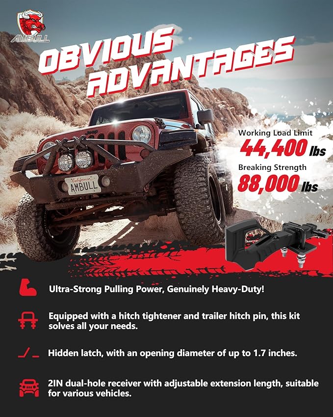 Tow Hitch Receiver Hook With Tightener, 2 Inch Truck Receiver, Drop Forged Steel Trailer Hitch 88000 Lbs Break Strength, Scorpion Tail Tow Hook for Trucks, Black