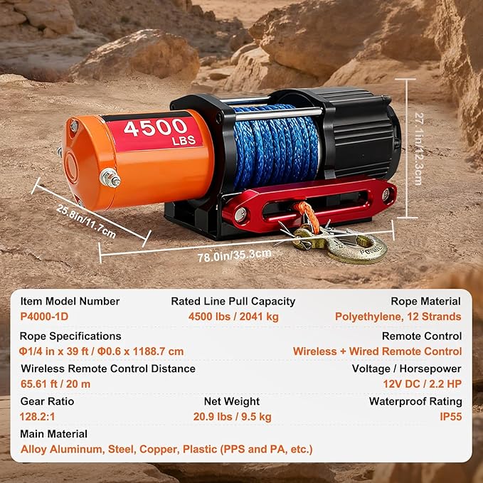Electric Winch, Truck Winch, Waterproof Electric Winch Kit with Wireless Remote & Hawse Fairlead for Truck Jeep SUV Boat car (4500 lb)