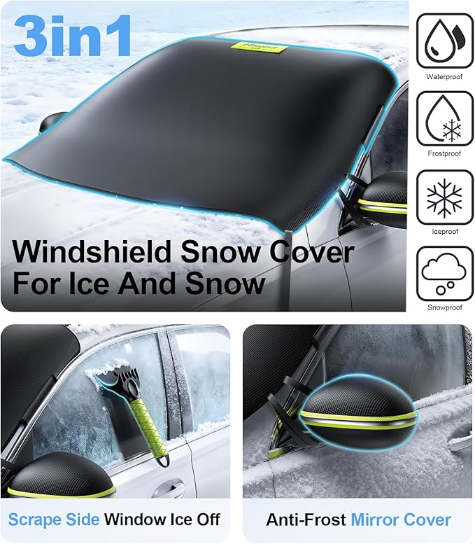 3-in-1 Windshield Snow Cover for Small Sedans & Sports Cars — S Size Frost Guard with Ice Scraper, Waterproof 600D Oxford Heavy-Duty Winter Protection & 360° Windproof Design for Low-Profile