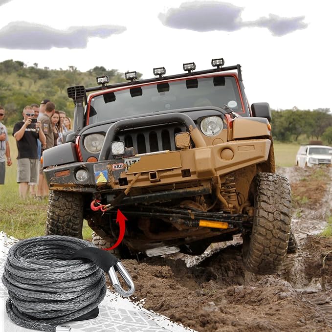 Gray Synthetic Winch Rope 3/8'' x 50ft 26, 500 Lbs Synthetic Winch Line Cable Rope with Protective Sleeve for Off Road Vehicle 4WD SUV Truck ATV UTV SUV
