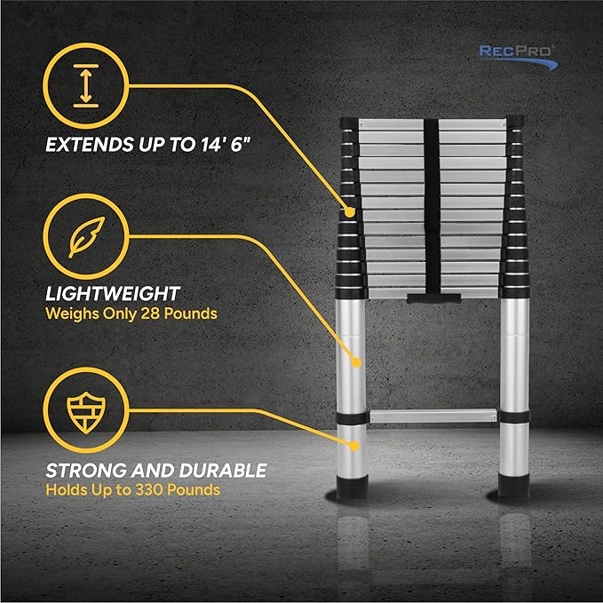 RecPro RV 14.5' Telescoping Ladder | 15 Steps | Weighs 28 lbs | 330 lb Load Capacity | Aluminum Body | Locks Into Place