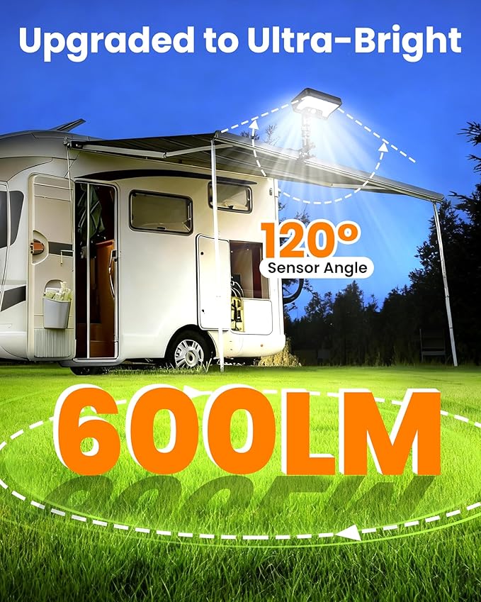 Clip on Solar RV Lights Exterior, 600LM RV Outdoor Lights with Motion Sensor, USB & Solar Dual Charging, 3000/5000/6000K Remote Control RV Porch Light for Camper, Motorhome, Trailer, Camping (2 Pack)