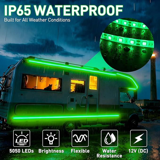 20FT RV Awning Light,12V Green Camper Awning Lighting,Waterproof LED Strip,Exterior Underglow Lighting for RV Motorhome Travel Trailer Food Truck Outdoor Party