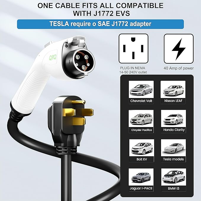 QPQ Level 2 EV Charger, 40Amp 240V Hardwired EV Fast Charge Station, Wall Charger Electric Vehicle Charging Stations with NEMA 14-50 25FT Cable FCC/UL/ROHS for J1772 EV Charger for Home