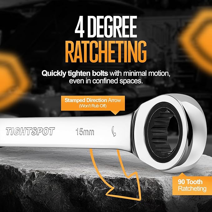 TIGHTSPOT 15 mm Ratchet Combination Wrench with Precision Movement and Hardened, Polished Steel for Projects with Metric Tight Spaces