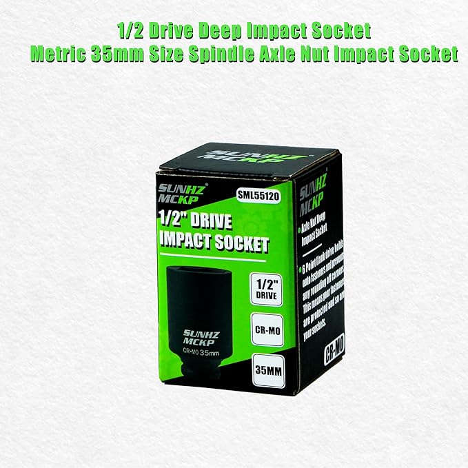 SUNHZMCKP 1/2 Inch Drive Impact Socket, Metric 35 mm Deep 6 Point Socket, CR-MO, Axle Nut Impact Grade Socket for Easy Removal