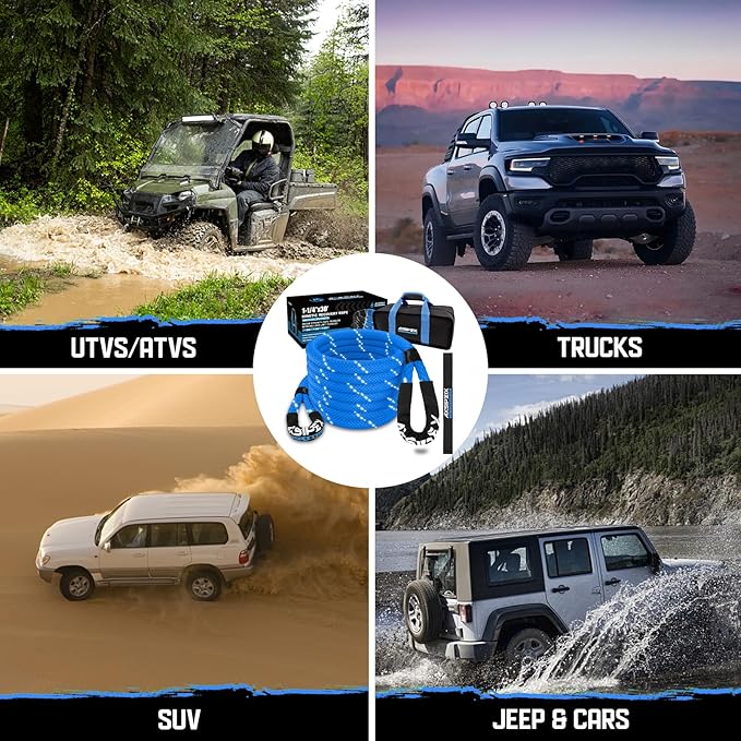 Kinetic Recovery Rope (Reflective) | 1.25in x 30ft 56,000Lbs Heavy Duty, 35% Elasticity Tow Rope - Offroad Snatch Strap for 4x4 Truck SUV UTV ATV Jeep