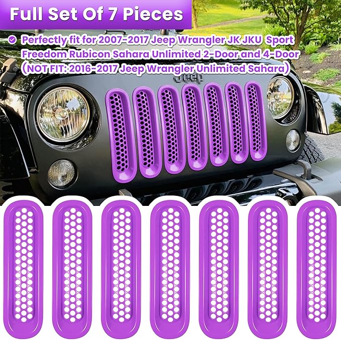 7PCS Front Grill Mesh Inserts for Jeep Wrangler JK JKU Unlimited 2007 2008 2009 2010 2011 2012 2013 2014 2015 2016 2017 2018 Grille Guard Cover Trim Clip-in Exterior Accessories (Matte Purple)