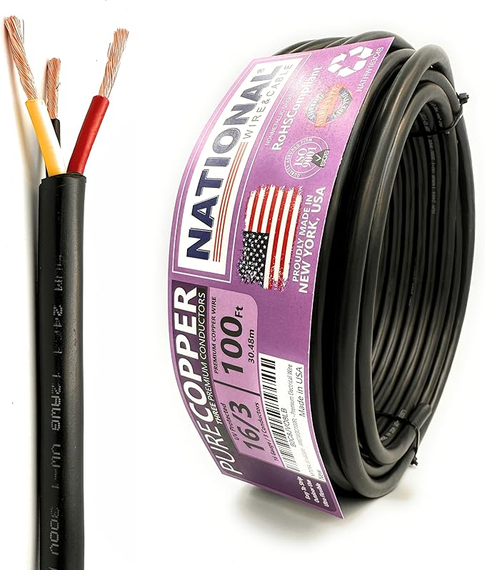 NATIONAL Wire & Cable – 16 AWG 3-Conductor Premium Copper Wire, 100 ft, Stranded | Made in USA, Heavy-Duty Flexible Jacket | LED, Lights, DIY Projects, Low Voltage Wiring, Indoor and Outdoor Use