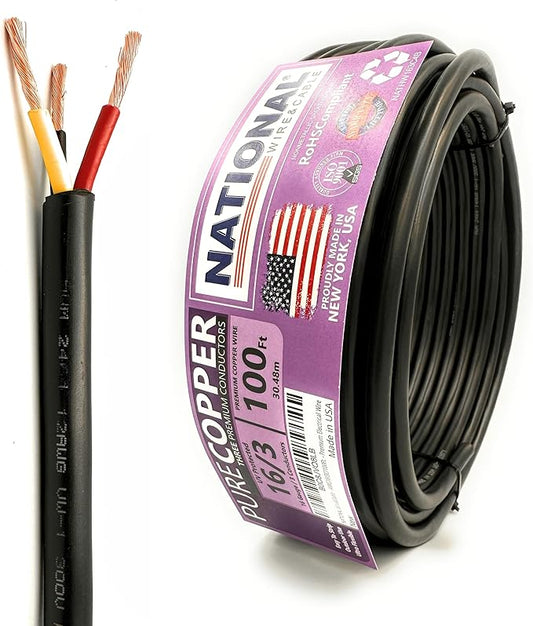 NATIONAL Wire & Cable – 16 AWG 3-Conductor Premium Copper Wire, 100 ft, Stranded | Made in USA, Heavy-Duty Flexible Jacket | LED, Lights, DIY Projects, Low Voltage Wiring, Indoor and Outdoor Use