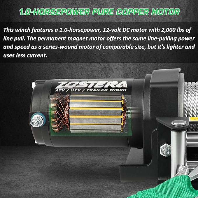 2000lb Winch for ATV, with Steel Cable,ATV Winch with Wired Manual Remote Control Switch,IP65 Waterproof,with Mounting Plate,with Roller Fairlead&Hook