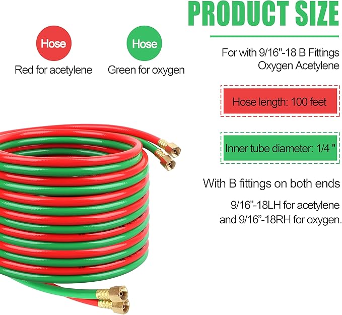 Oxygen Acetylene Hose 1/4-Inch × 100FT with 9/16”-18 B Fittings Welding Cutting Torch Twin Hose (100FT)