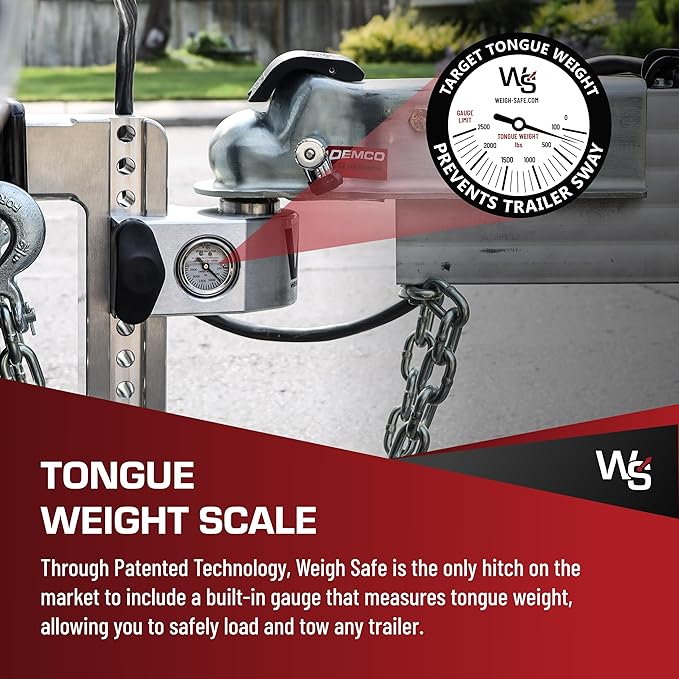 Weigh Safe Aluminum Adjustable Trailer Hitch - Towing Hitch with Built-In Tongue Weight Scale - Compatible with 2" Receivers - 10" Drop, Stainless Steel Tow Balls, 12,500 GTW, 1-Piece Lock Set