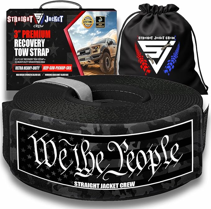 3" X 20' Heavy Duty Tow Strap - 30,000 Lb Break Strength Recovery Strap for Truck, SUV, Jeep & Off-Road Use | Reinforced Loops, Abrasion Sleeve & Carry Bag Included.