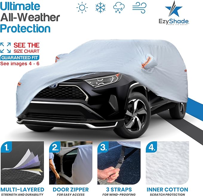 EzyShade 10-Layer SUV Car Cover Waterproof All Weather. See Vehicle Size-Chart for Accurate Fit. Outdoor Full Exterior Covers for Automobiles Heavy Duty Tarp Jeep Rav4 CRV. Size S4 (See SizeChart)