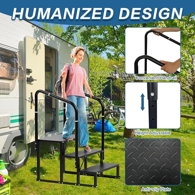 RV Steps, 3-Steps RV Stairs with Handrail Hot Tub Steps Camper Steps, Non-Slip Steps Outdoor Stairs for RV, Trailer, Mobile Home Stairs, Outdoor Spa