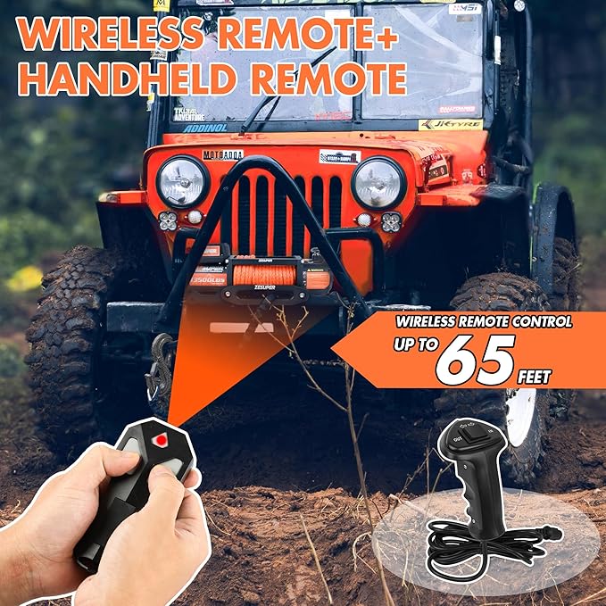 ZESUPER 13500 lb Electric Winch, Synthetic Rope 12V Winch Waterproof IP68 Winch Kit,Off Road Winch for Jeep,Truck,SUV, with Wireless Remote, Corded Control,Side-Mounted Bracket for Control Box