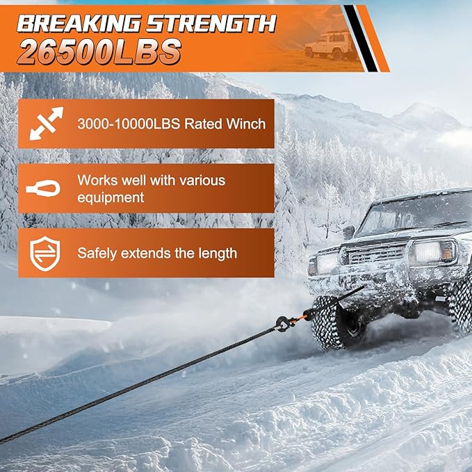 Synthetic Winch Rope Extension, 3/8Inch x 50Ft 26500 Lbs Winch Extension Cable Replacement Tow Ropes Line for Off Road Vehicle ATV UTV Truck SUV Jeep (Black)