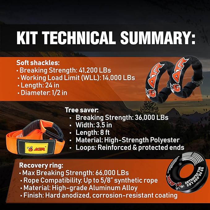 ATR Off-Road Recovery Kit – Tree Saver Strap 3.5”x8ft (36,000 lbs) + (2) ½”x24” Soft Shackles + Recovery Ring (66,000 lbs) – Heavy Duty Tow Strap Set for Truck, Jeep, SUV, 4x4, ATV