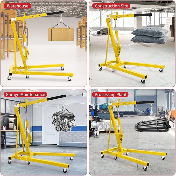 2-Ton Folding Engine Hoist Cherry Picker 4400 Lb Capacity Hydraulic Shop Crane with Telescoping Boom 6 Caster Wheels for Automotive Repair Garage Use Includes Hitch and Storage Stand Yellow