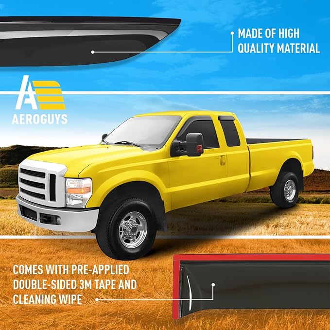 Extra Durable Window Deflectors Tape-On Visors Rain Guards Fit for Ford F250/350 Super Duty 1999-2016 SuperCab, Sun Visors, Wind Vent for Shades, Exterior Car Accessories - 4pcs. AG0057