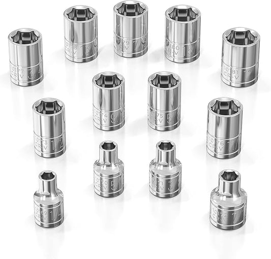 Olsa Tools SAE Shallow Socket Set - 3/8-Inch Drive, 13pc - 6-Point Chrome Sockets 1/4" to 1" and No Skipped Sizes - Mechanic Shallow SAE Socket Set - Professional Grade Short Sockets - Part: 1333