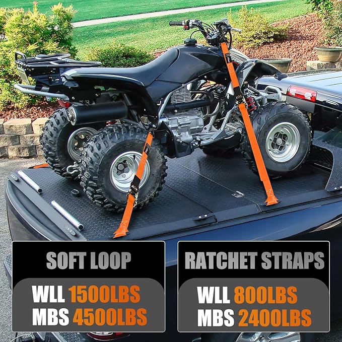 Nilight Ratchet Tie Down Straps 4500Lbs Max Break Strength 1”×15’ Heavy Duty Motorcycle Straps with S Hooks Rubber Handle and 1” ×12’ Soft Loop for UTV Motorcycle Moving Securing Cargo (Orange 4 Pack)
