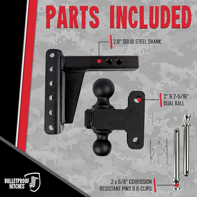 BulletProof Hitches - 2.0" Adjustable Extreme Duty Trailer Hitch (30,000 lb. Rating) - 6" Drop/Rise with 2" and 2 5/16" Dual Ball - Powder Coat, Solid Steel, Corrosion-Resistant