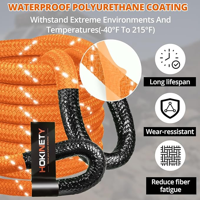 Kinetic Recovery Tow Rope - 1.26" x30FT 55000LBS Reflective Heavy Duty Snatch Strap Kit with Soft Shackles for Offroad Pulling Truck SUV UTV ATV Car Jeep - Orange